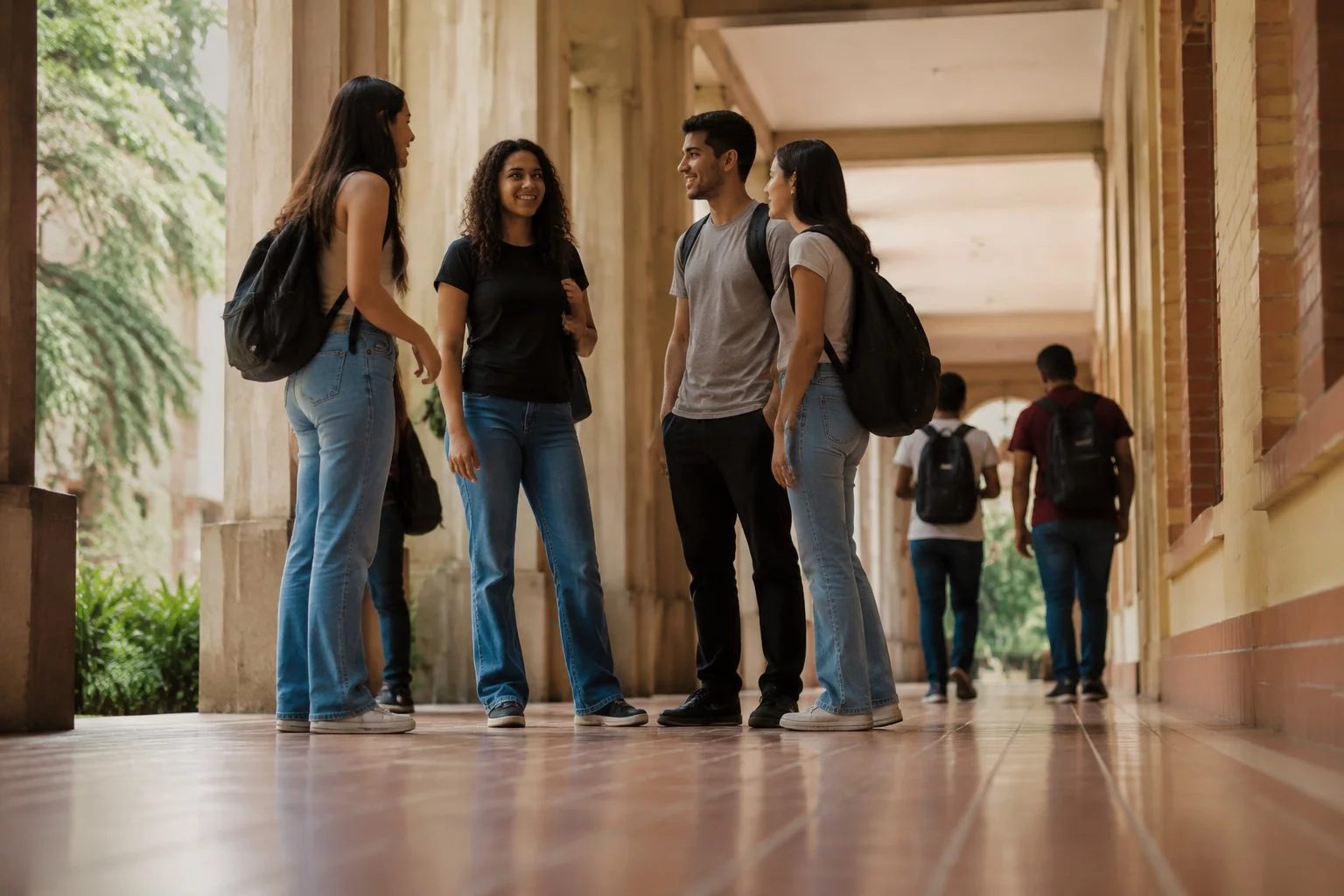 Estudantes com mochilas conversando no corredor de uma universidade