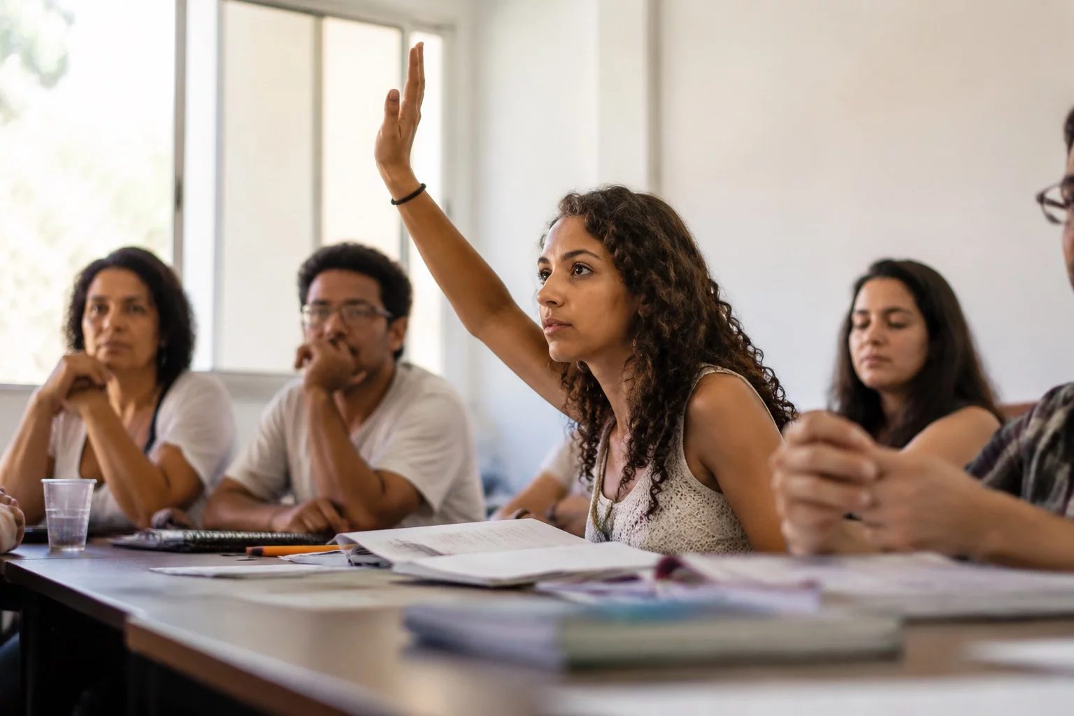 Estudante levantando a mão em uma mesa de seminário coberta de anotações