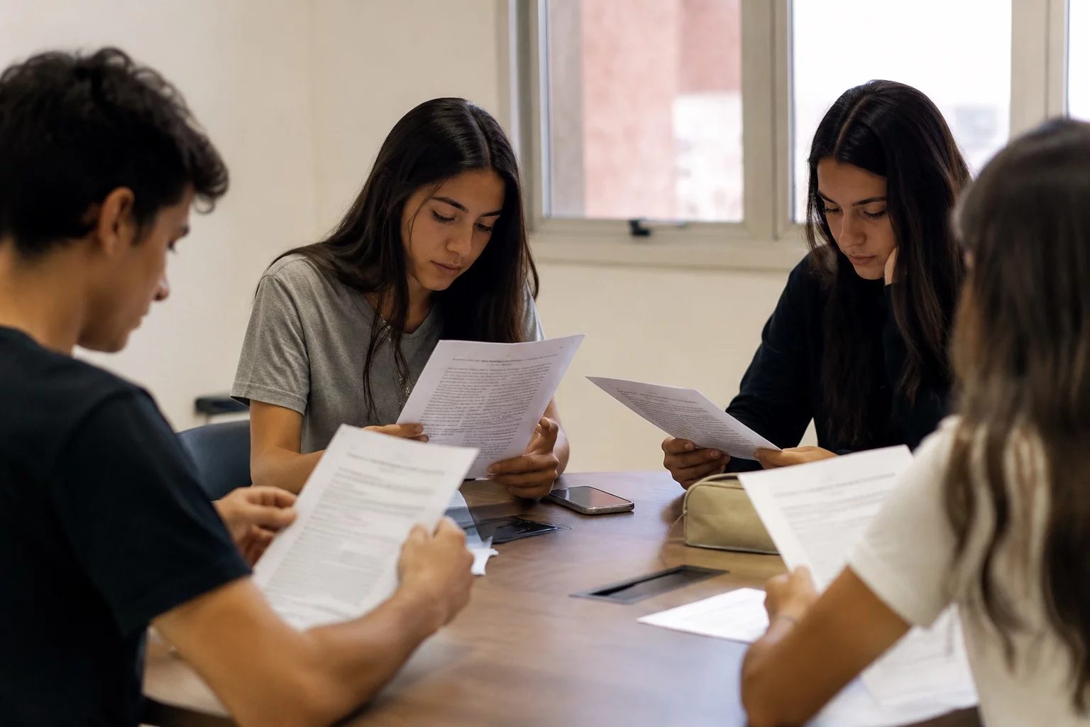 Grupo pequeno lendo páginas impressas de argumentos ao redor de uma mesa
