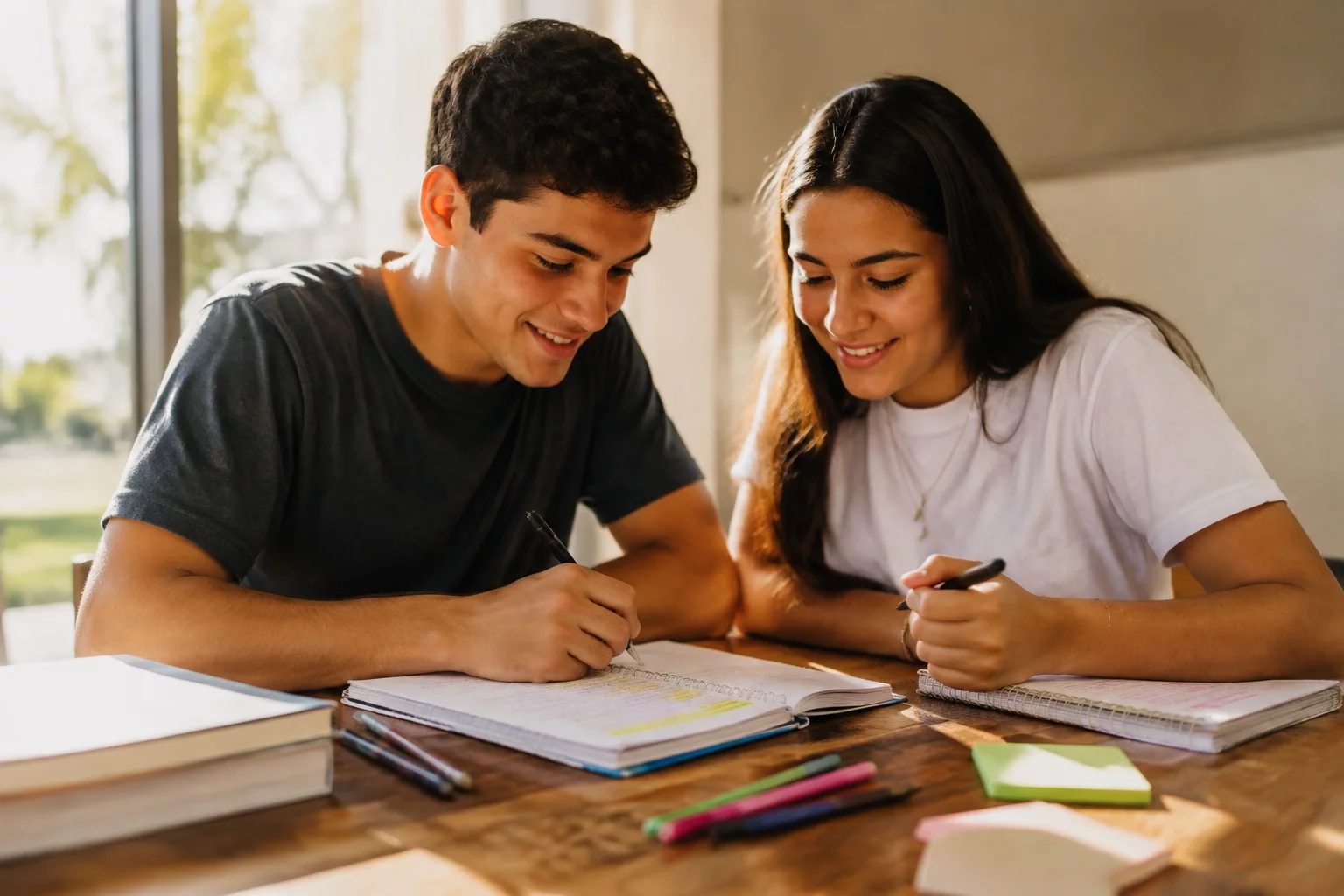 Dois estudantes preparando um debate com cadernos e marcadores