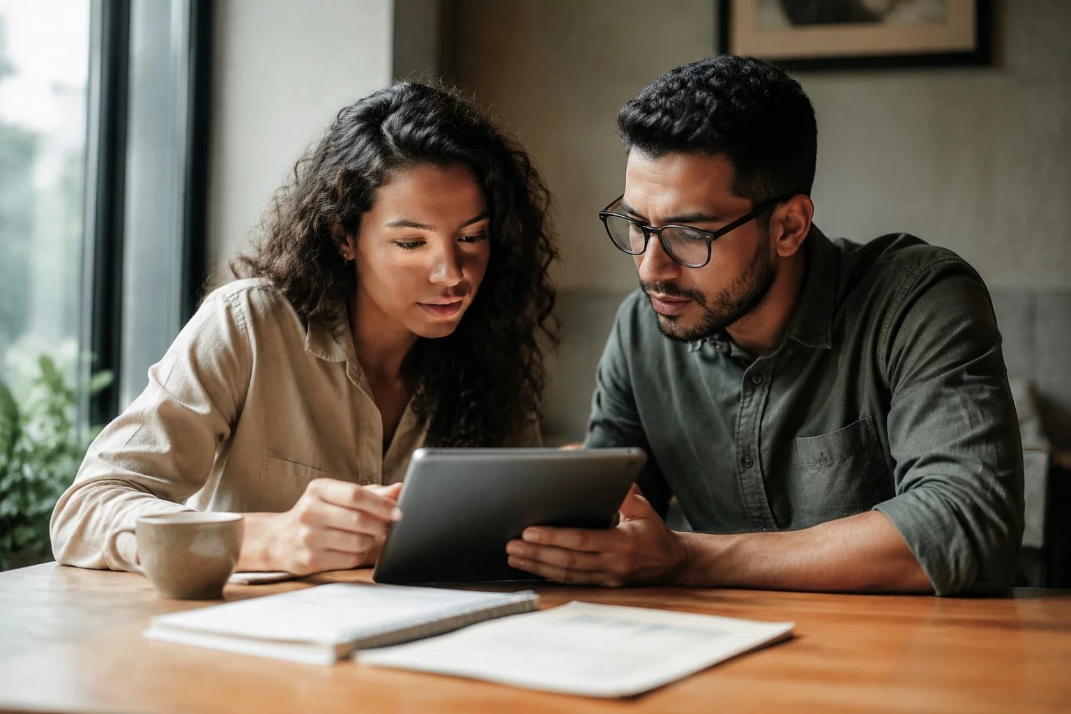 Duas pessoas revisando anotações em um tablet sobre uma mesa de madeira