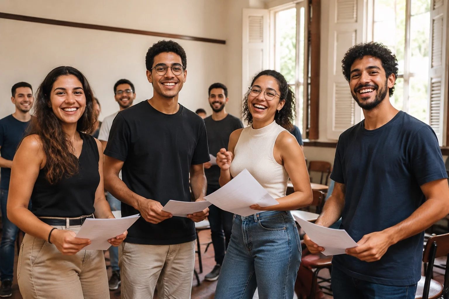 Grupo sorrindo após uma rodada de debate, com papéis nas mãos